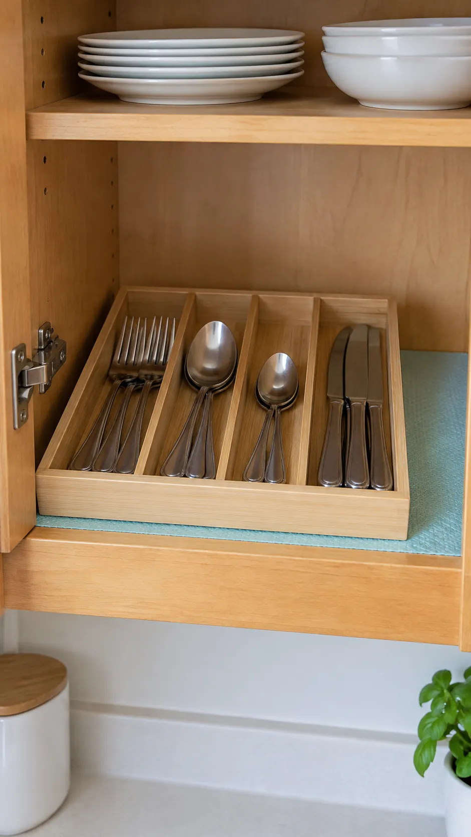 Shallow flatware tray sliding on a cupboard shelf in a small rental kitchen