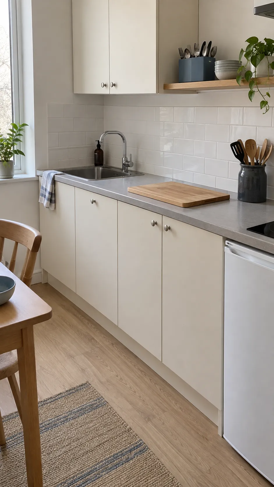 Compact rental kitchen with portable utensil storage and clear preparation space