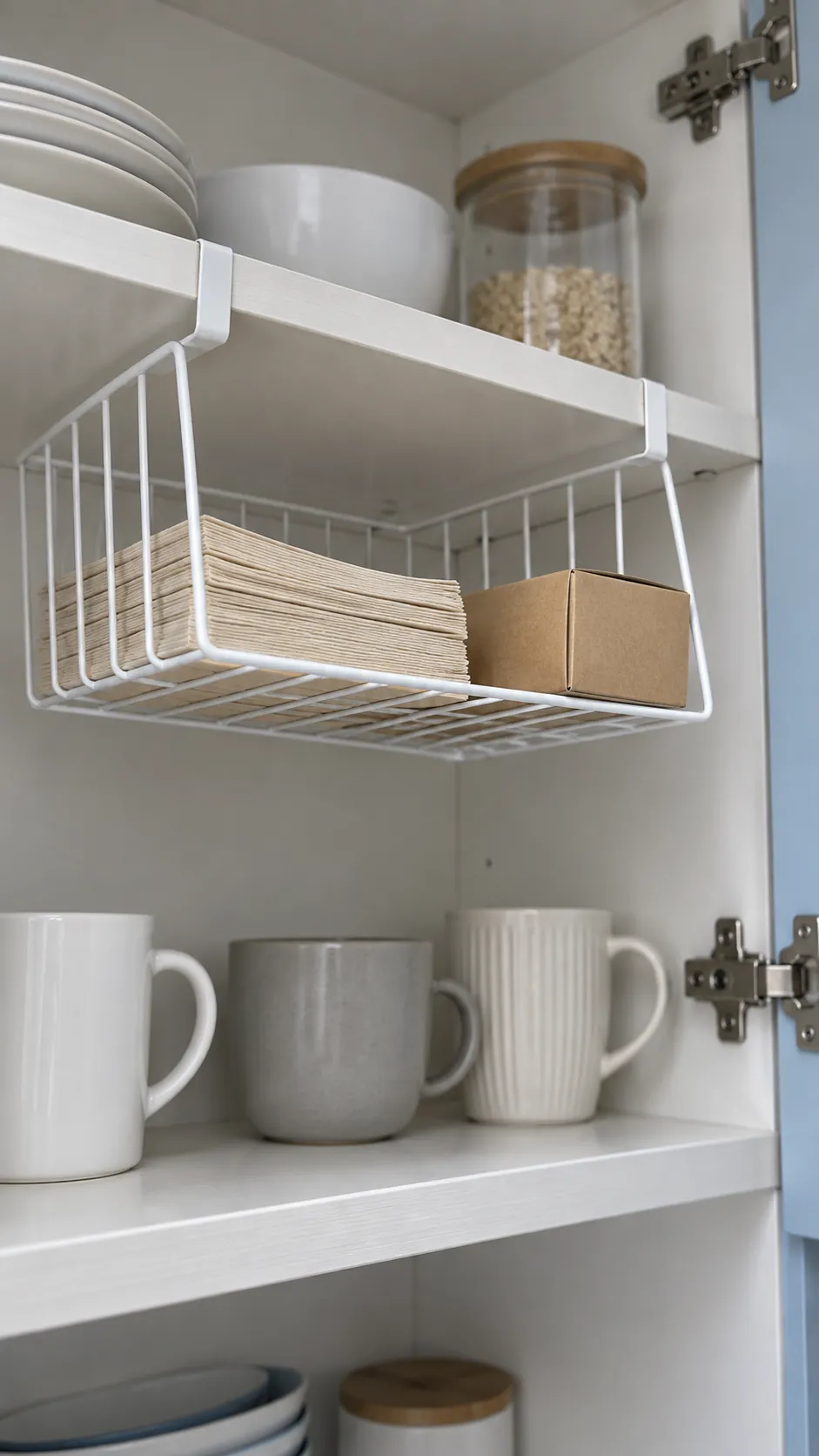 Removable undershelf wire basket holding light napkins and wraps in a small rental kitchen