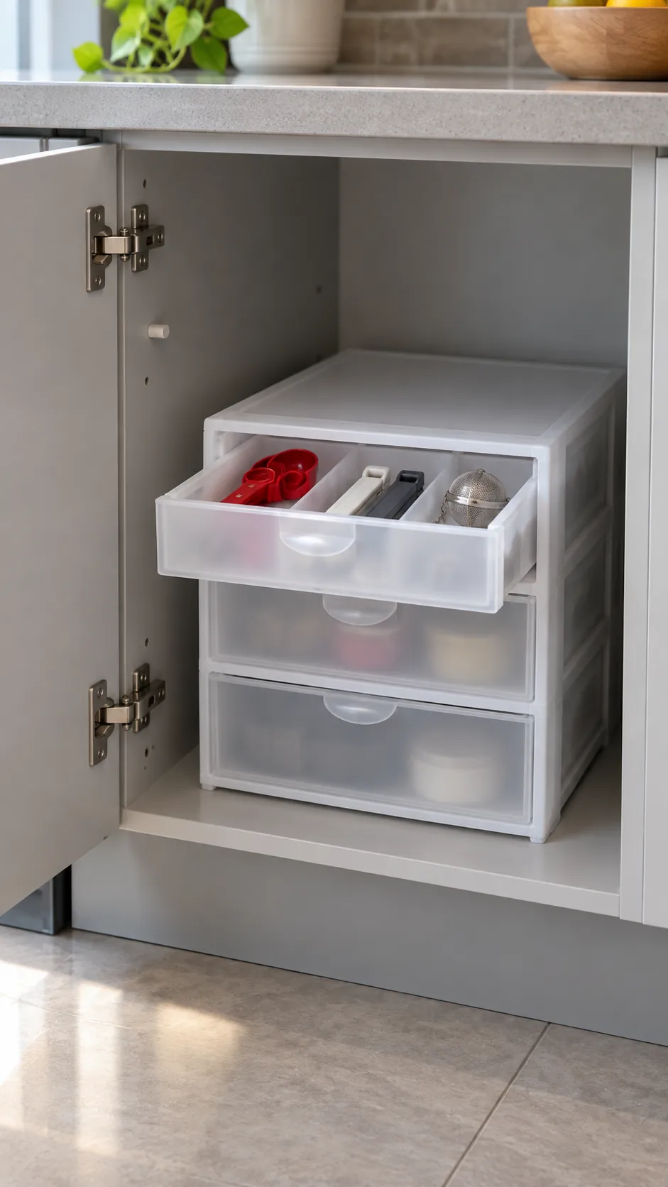 Small freestanding drawer organizer inside a base cupboard in a small rental kitchen