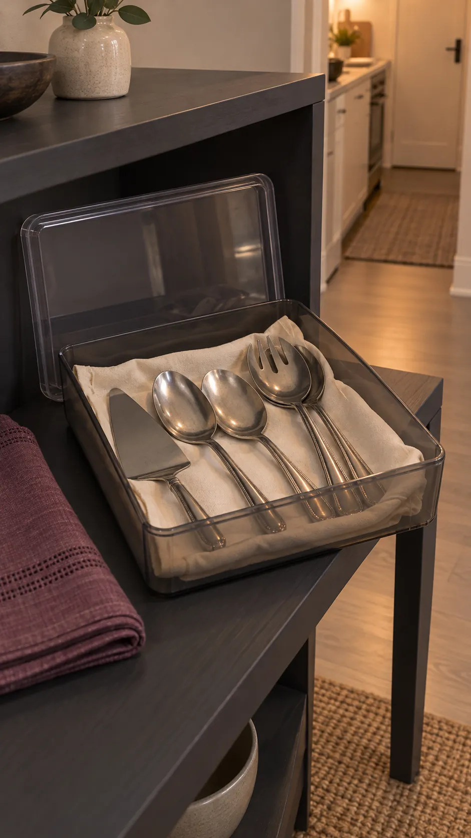 Lidded shallow box protecting occasional serving utensils in a small rental kitchen