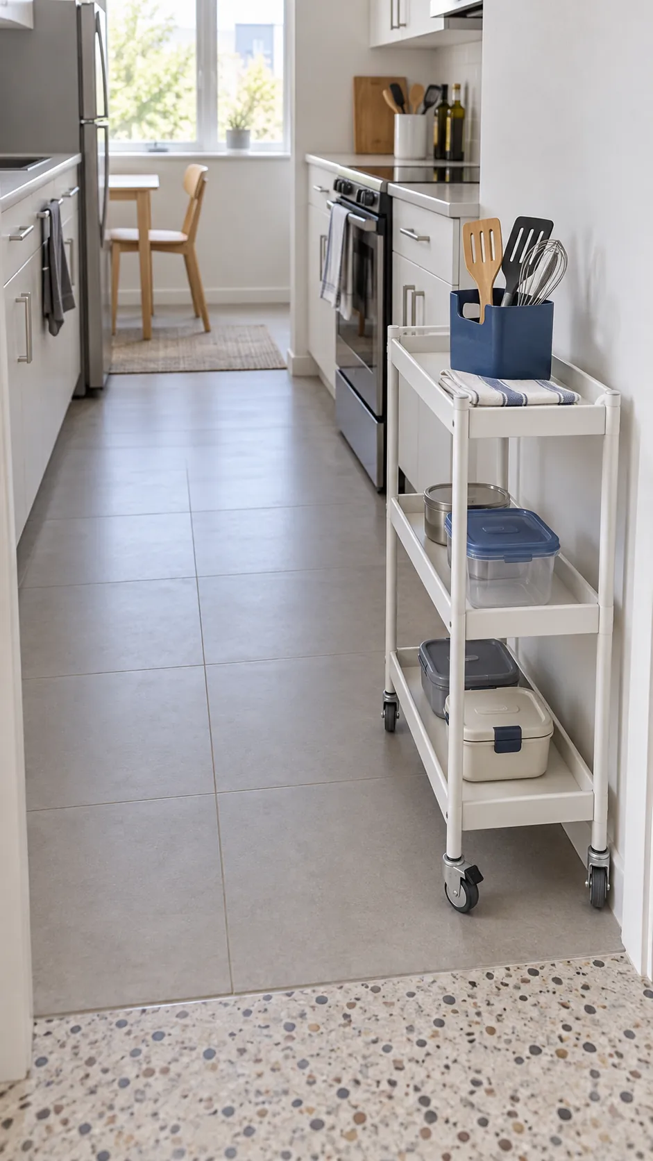 Narrow wheeled kitchen cart parked without blocking the aisle in a small rental kitchen
