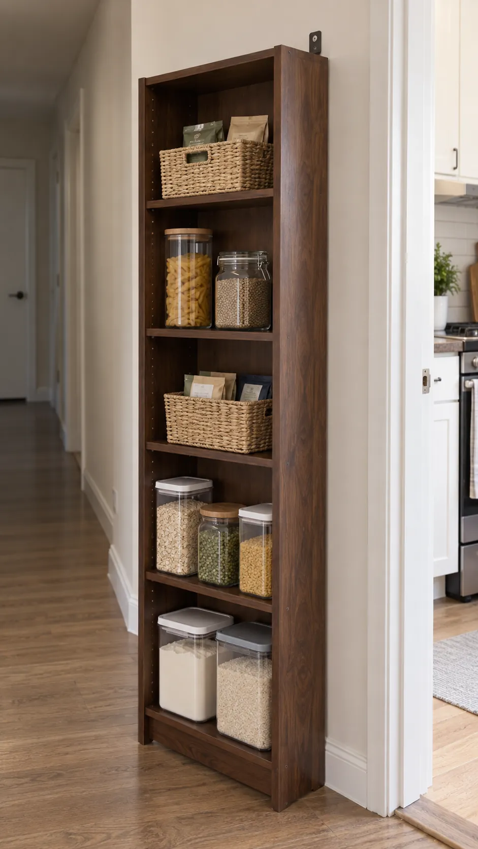 Shallow freestanding bookcase used as a sealed dry pantry in a small rental kitchen