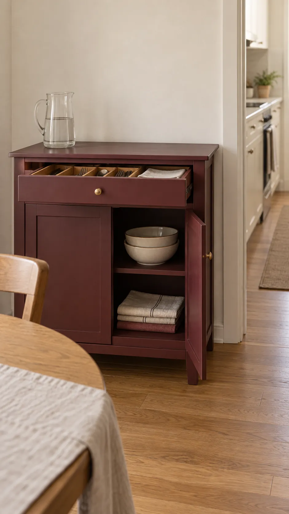 Compact dining sideboard storing tableware outside the cooking zone in a small rental kitchen