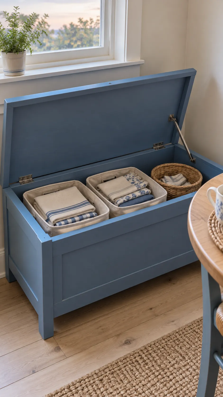Storage bench holding table linens in separate soft bags in a small rental kitchen