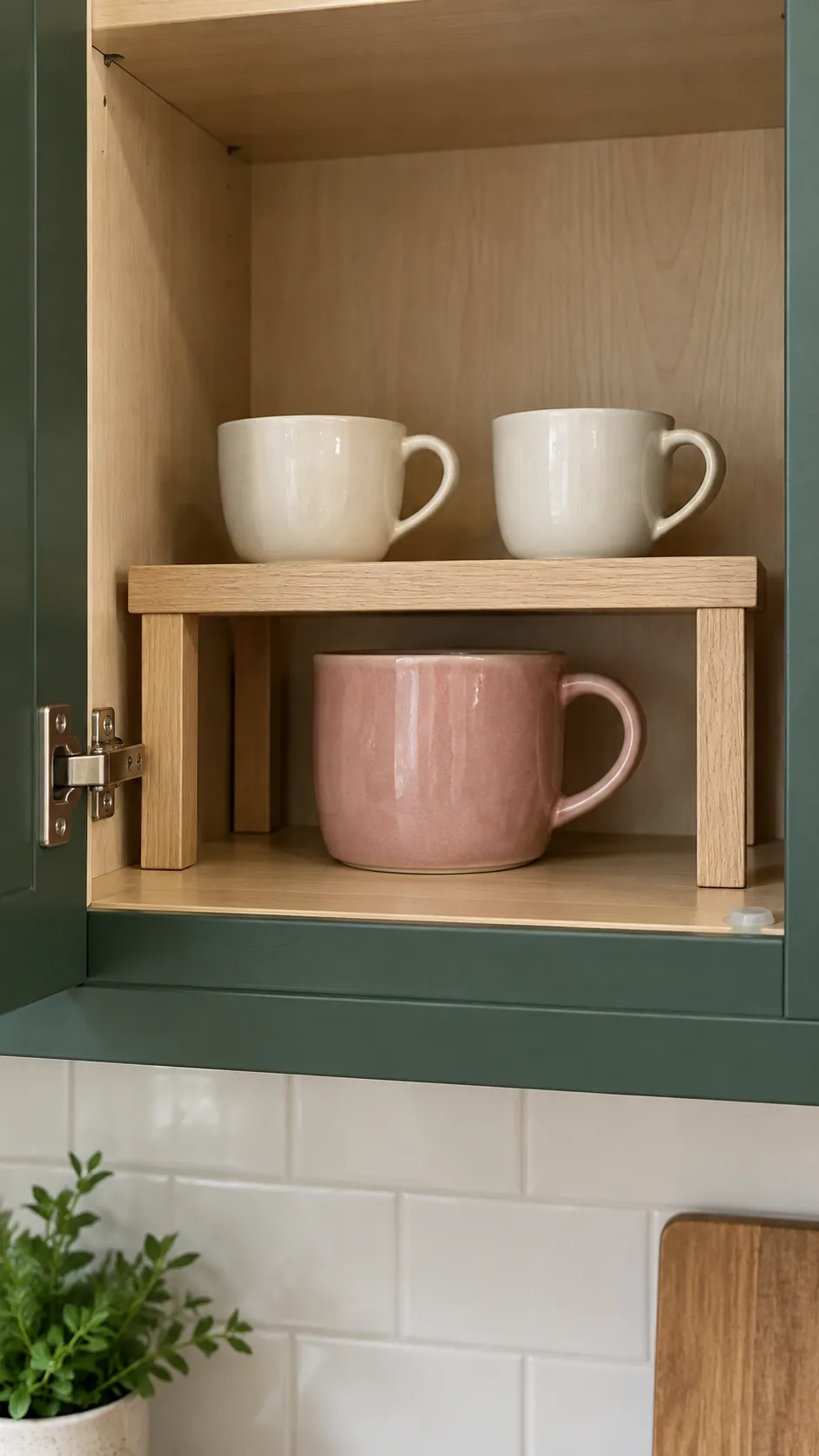 Shelf insert creating two reachable layers for mugs in a small rental kitchen