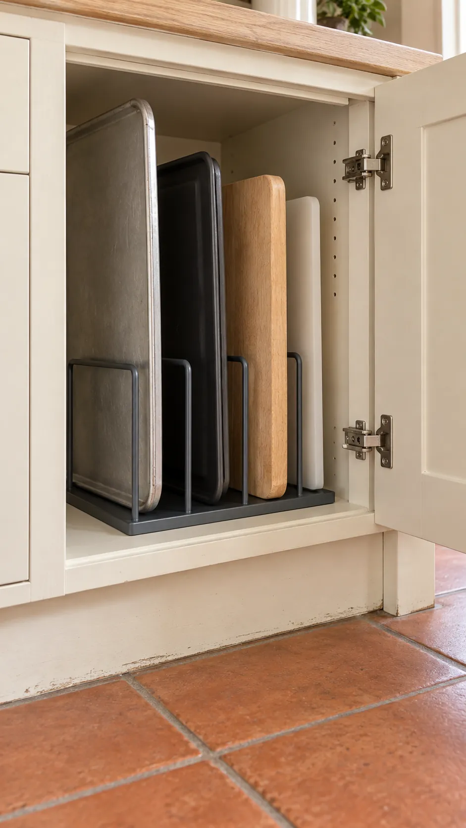 Freestanding divider holding baking sheets upright in a small rental kitchen