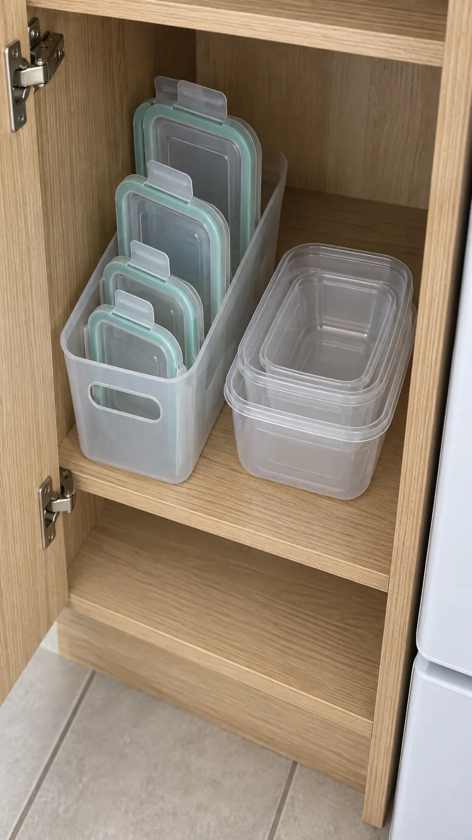 Matching food container lids standing in a slim removable bin in a small rental kitchen