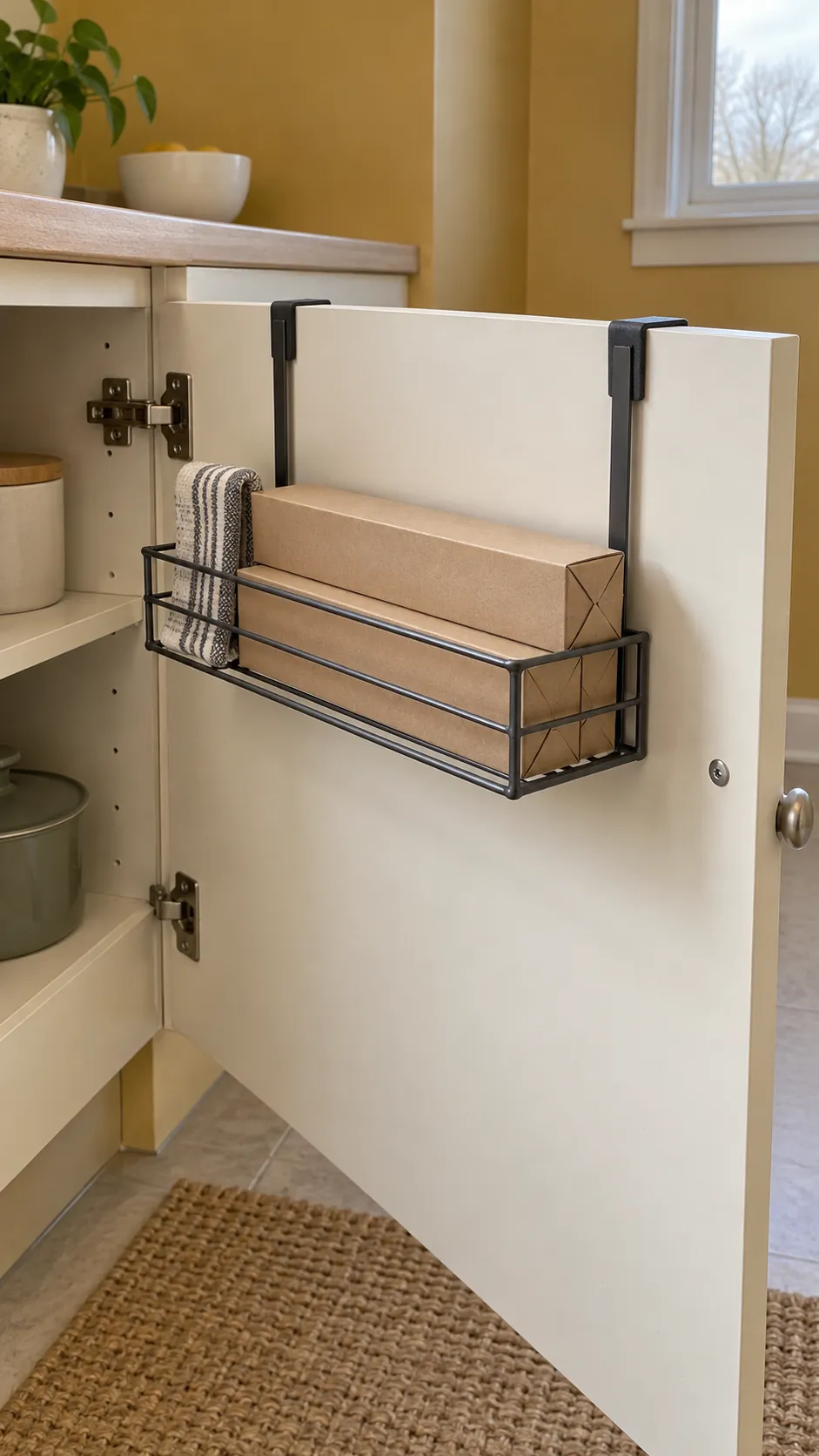 Light overdoor rack holding wraps on the inside of a cabinet door in a small rental kitchen
