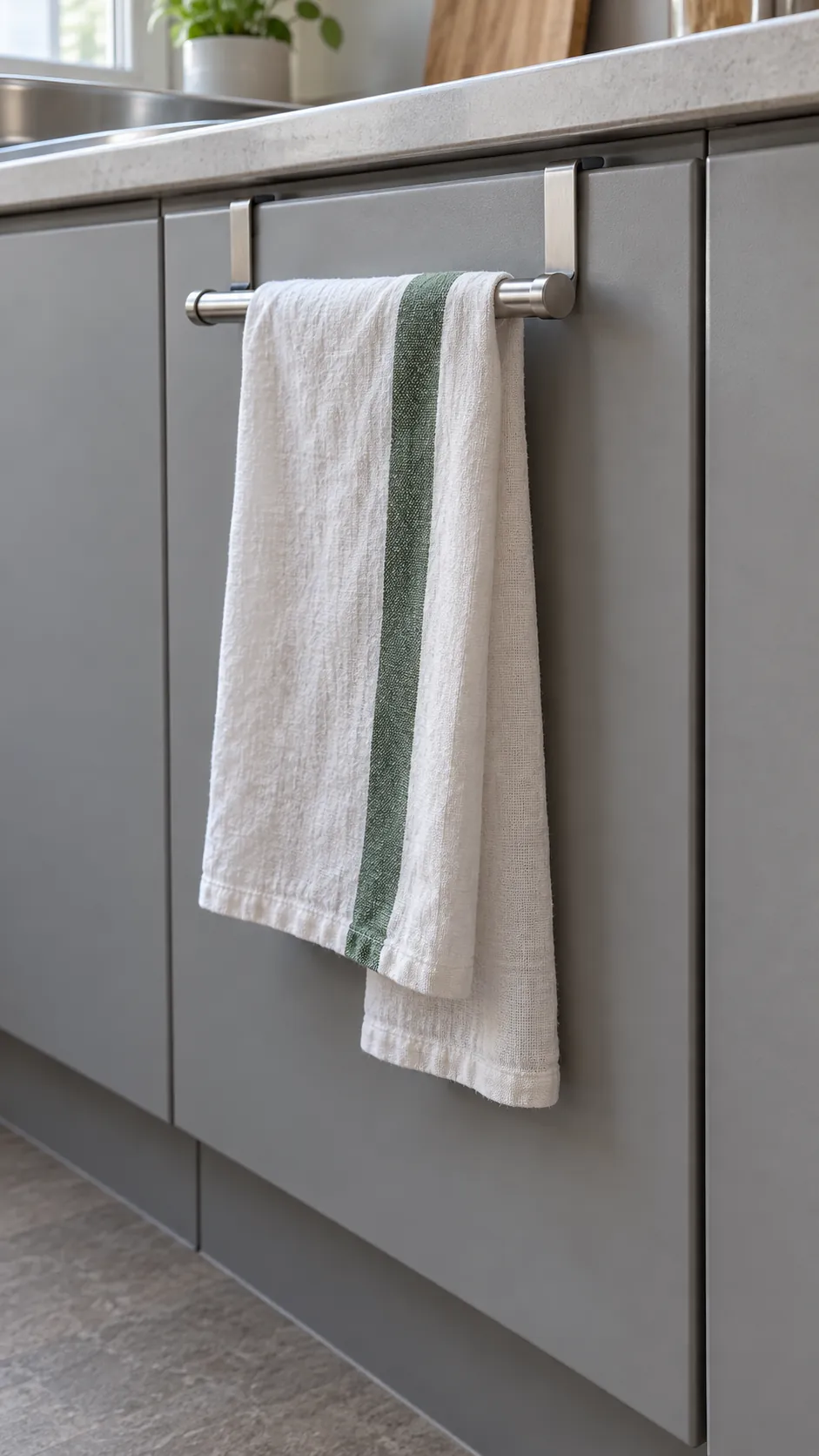 Overdoor towel rail supporting one drying tea towel in a small rental kitchen