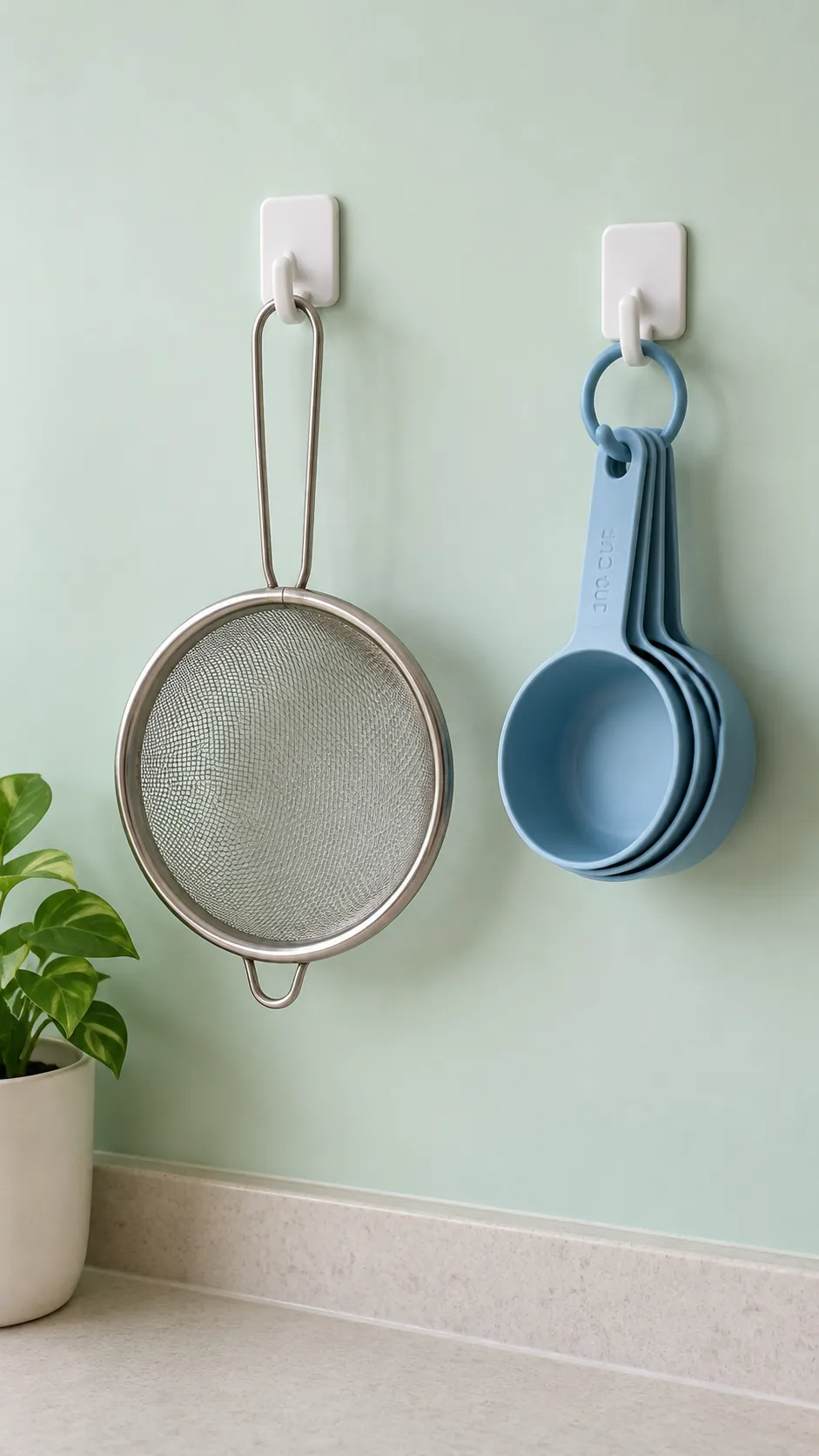 Removable adhesive hooks holding a light sieve and measuring cups in a small rental kitchen