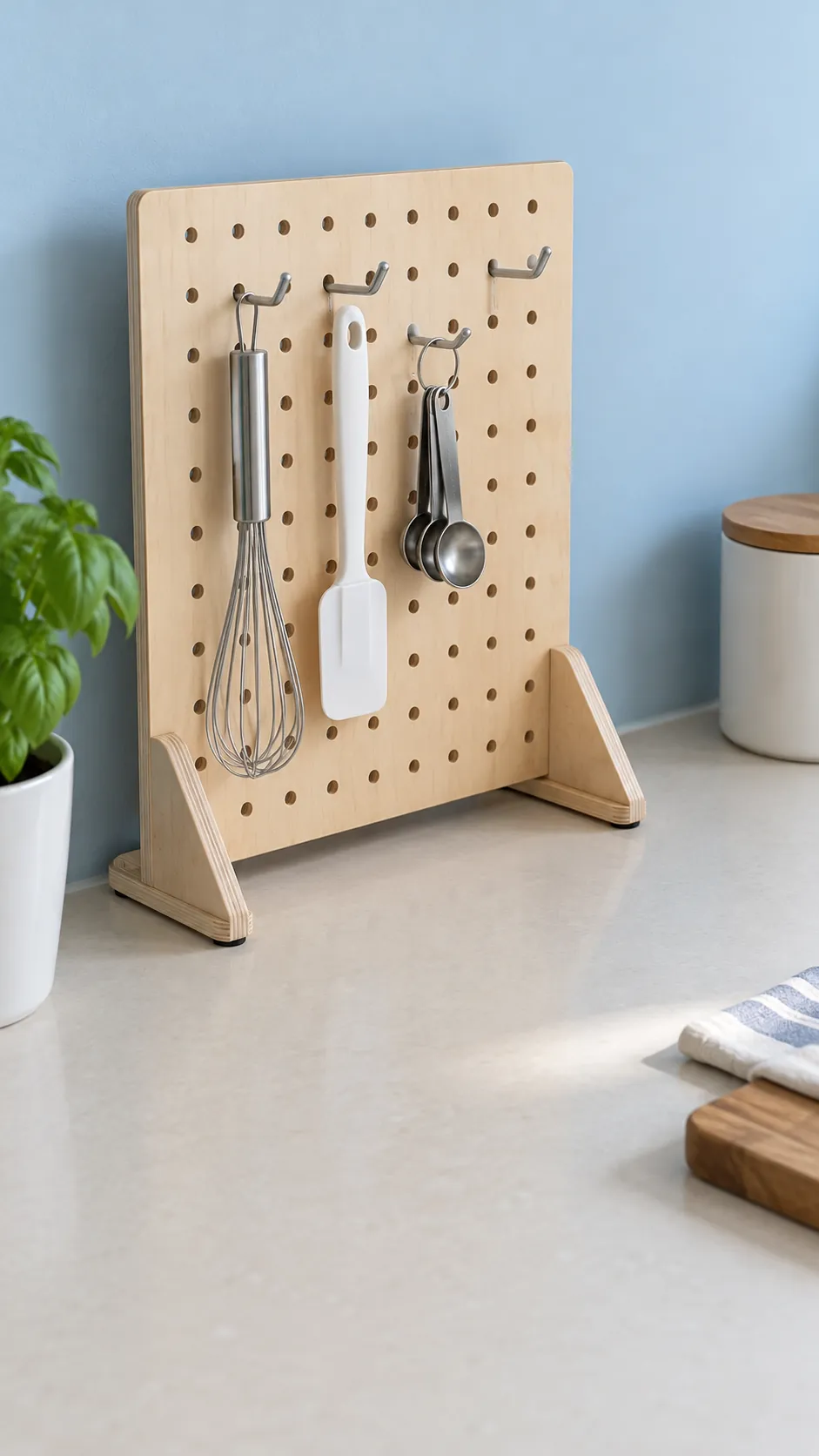 Freestanding tabletop pegboard with a few light cooking tools in a small rental kitchen