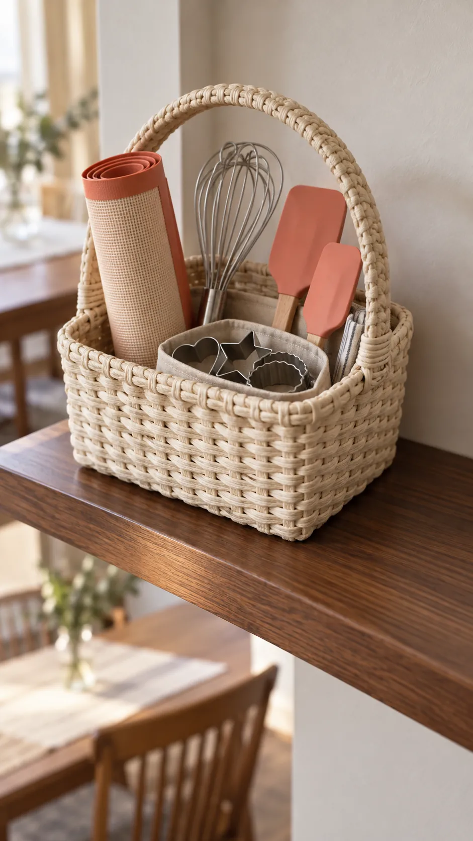 Portable baking basket on an existing dining shelf in a small rental kitchen