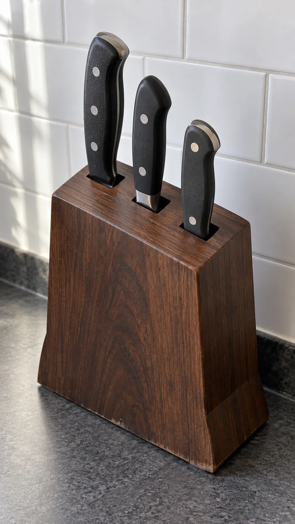 Compact stable knife block with protected blades in a small rental kitchen