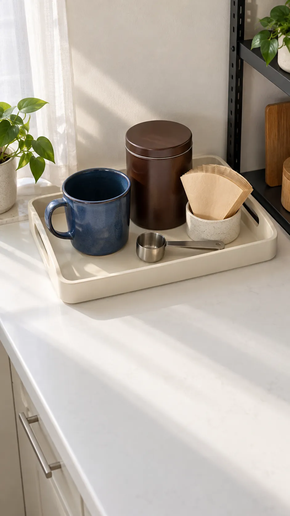Small coffee accessory tray that can move as one group in a small rental kitchen
