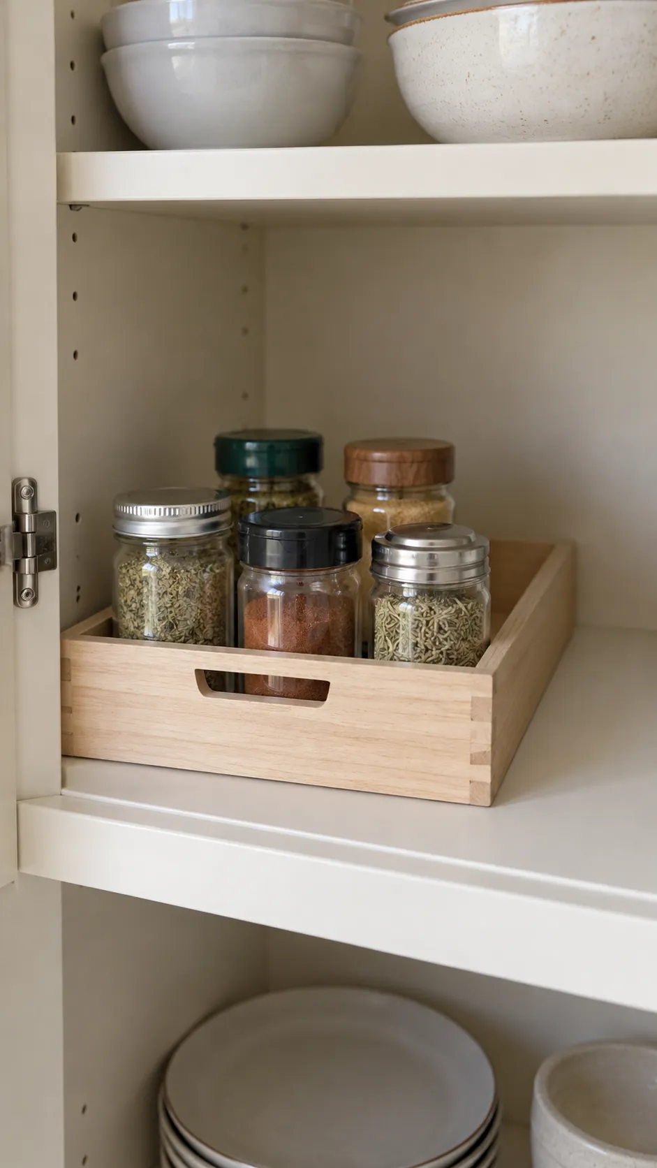 Low shelf bin holding a small daily spice collection in a small rental kitchen