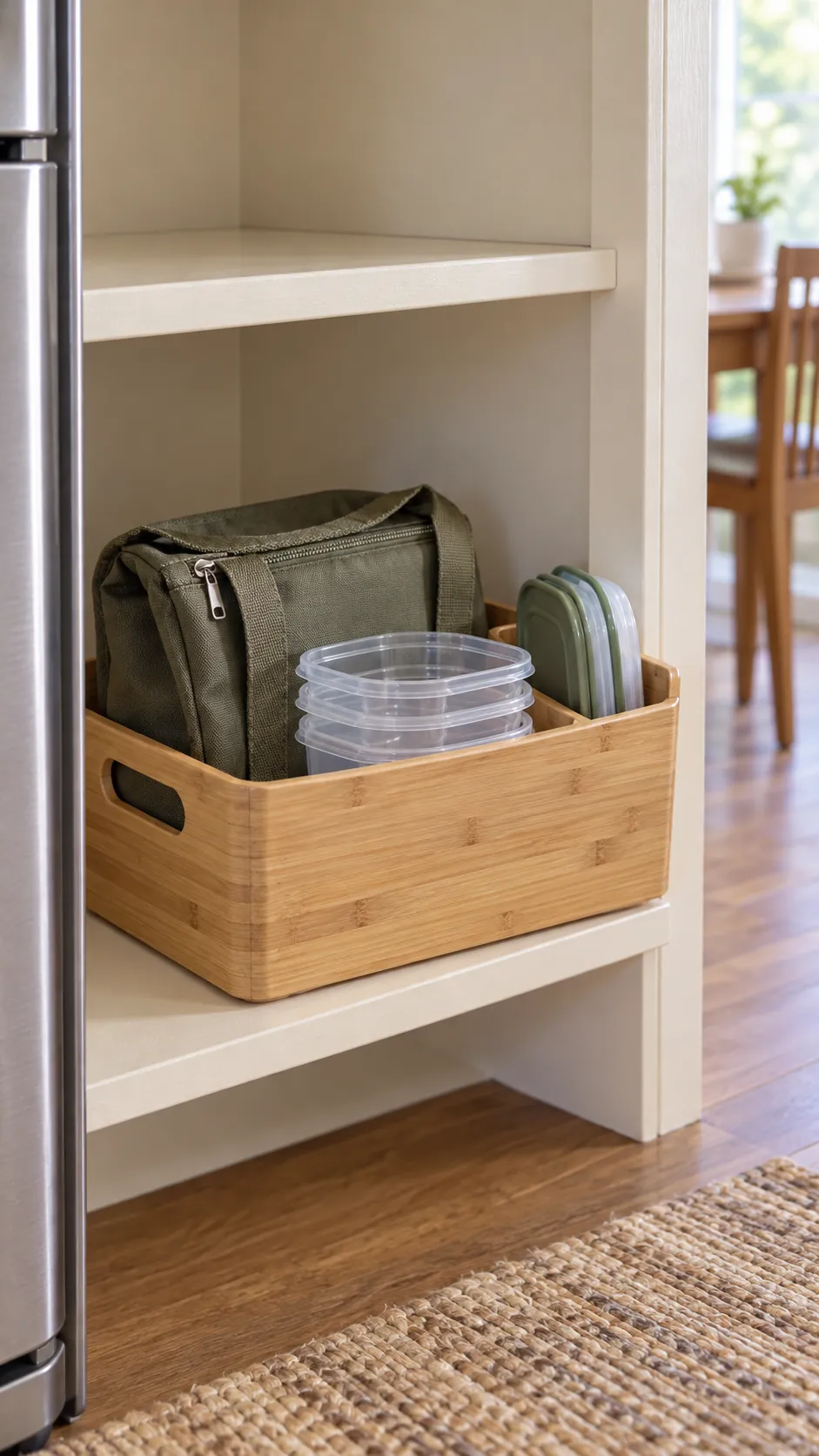 Removable lunch packing basket with bags and matching small tubs in a small rental kitchen