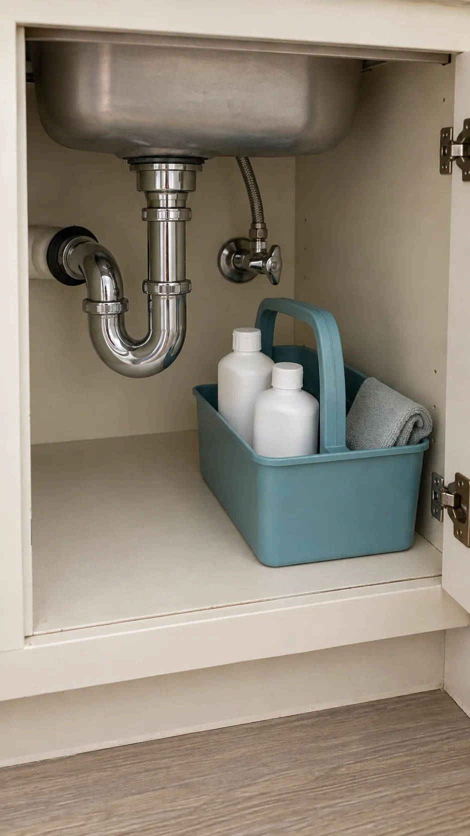 Separate cleaning caddy beneath the sink with valves left reachable in a small rental kitchen
