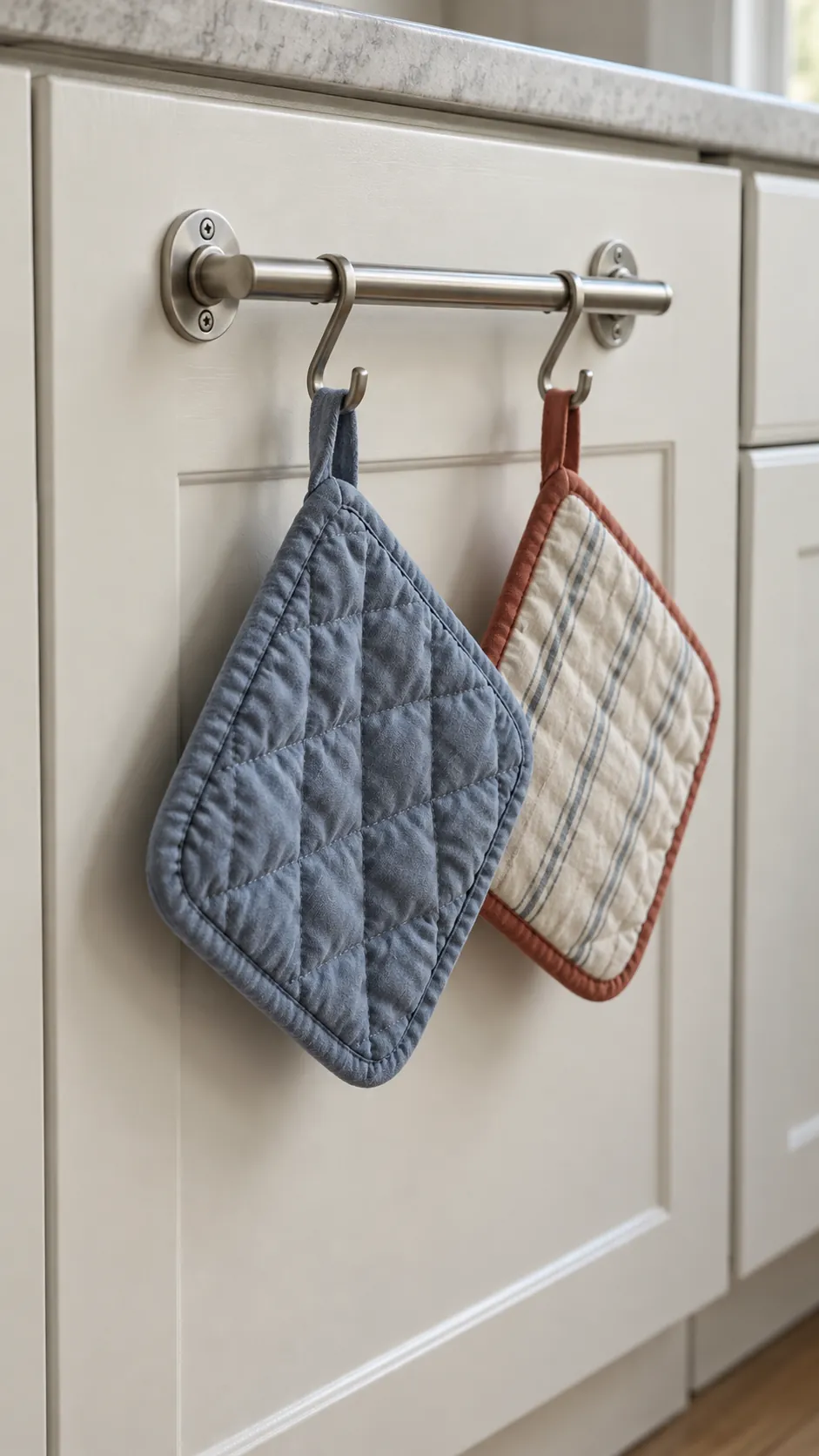 Light potholders hanging from an existing suitable cabinet bar in a small rental kitchen
