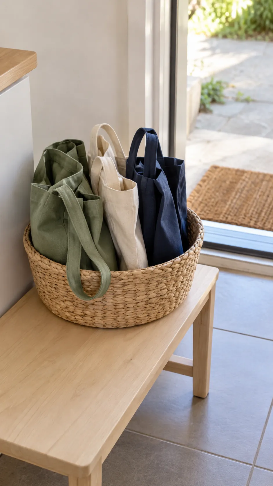 Folded reusable shopping bags upright in a basket near the kitchen exit in a small rental kitchen