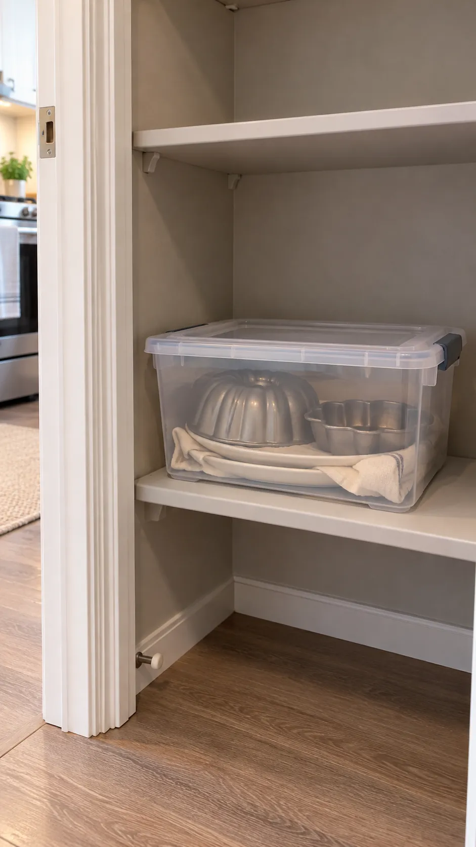 Covered occasional kitchen equipment on a low remote closet shelf in a small rental kitchen