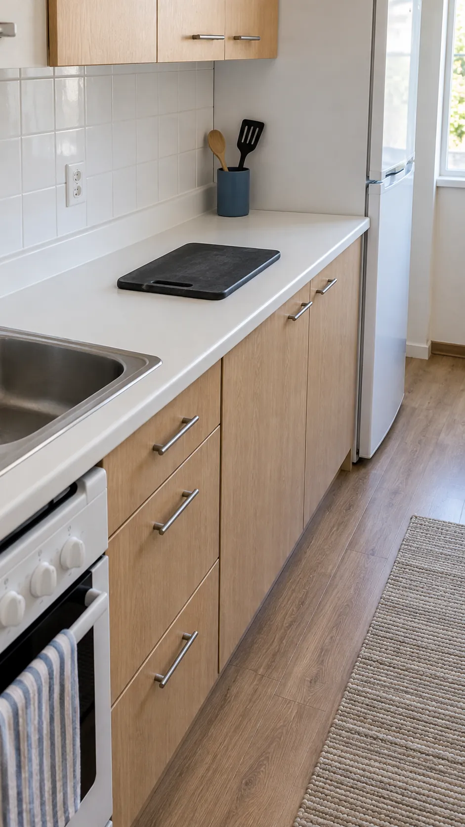 Clear preparation landing space retained beside a minimal organizer in a small rental kitchen