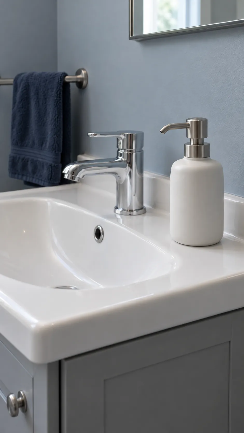 Soap pump within comfortable reach in a guest bathroom