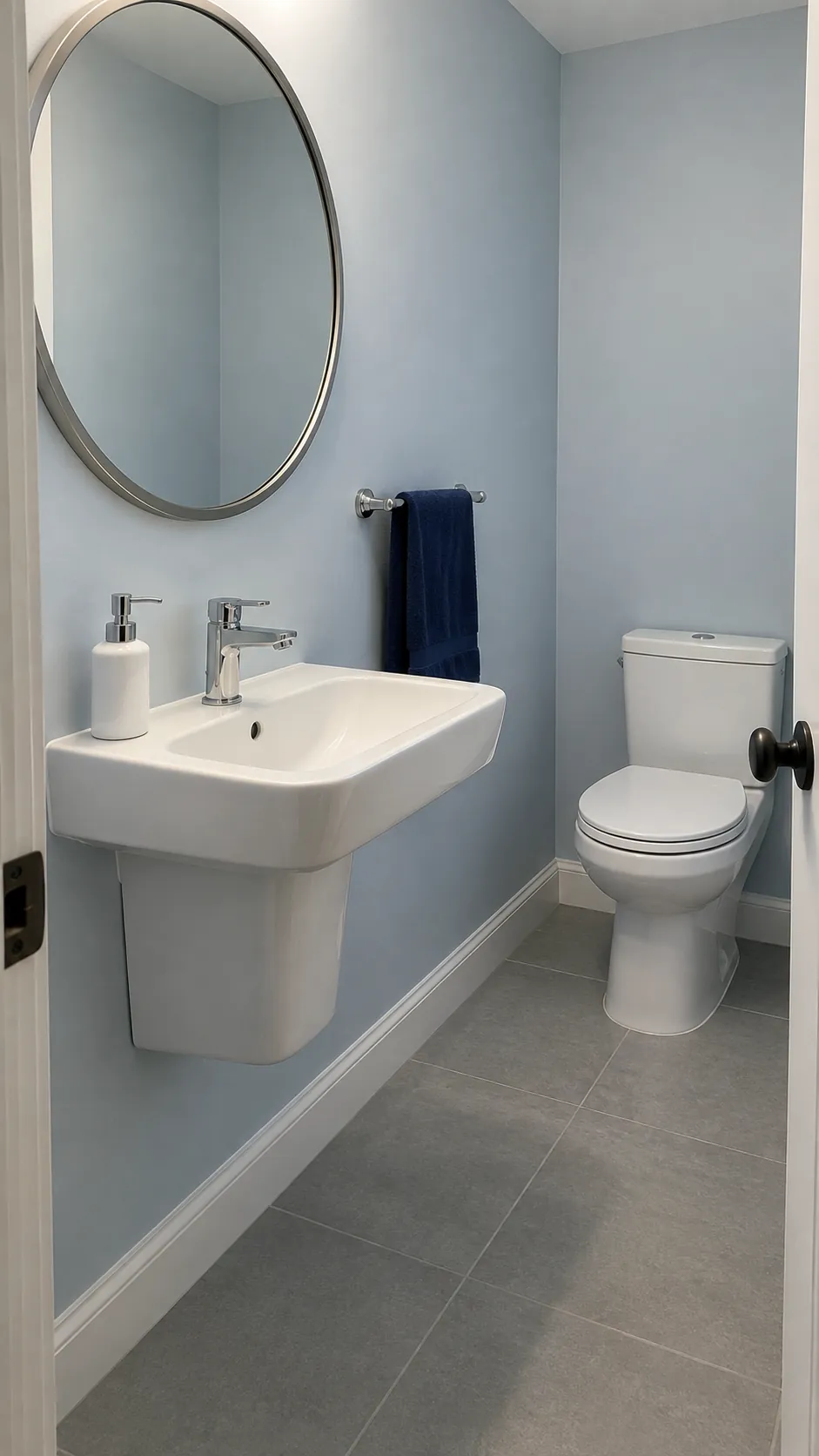 Guest bathroom with reachable soap and a visible navy hand towel