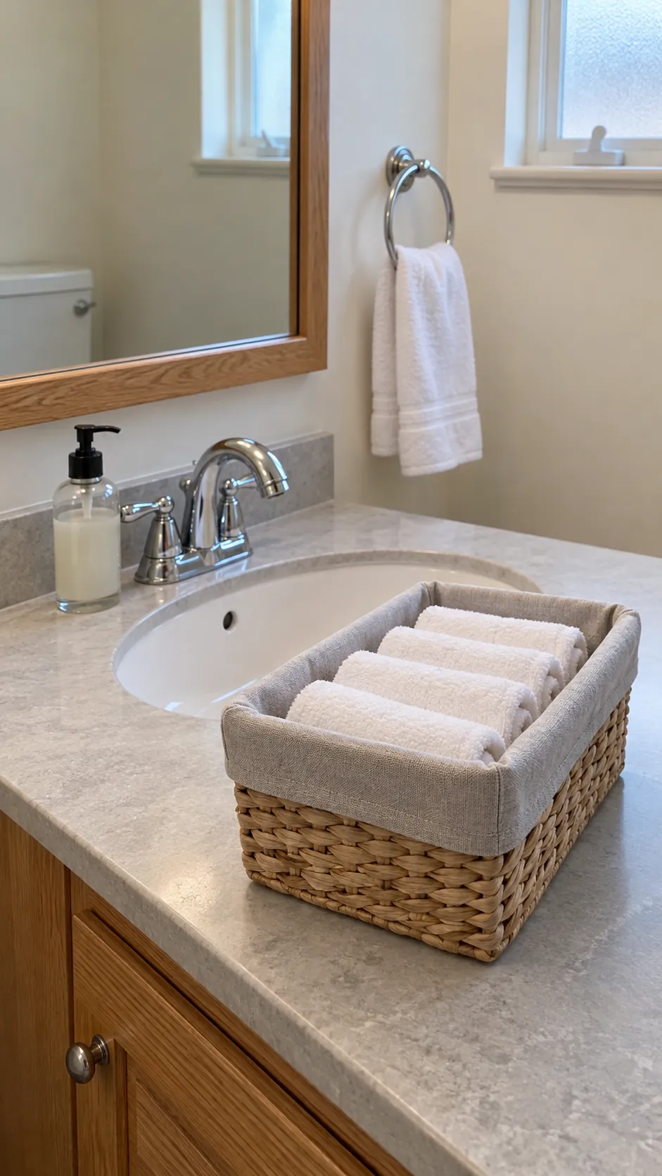 Clean washcloths in an open basket in a guest bathroom