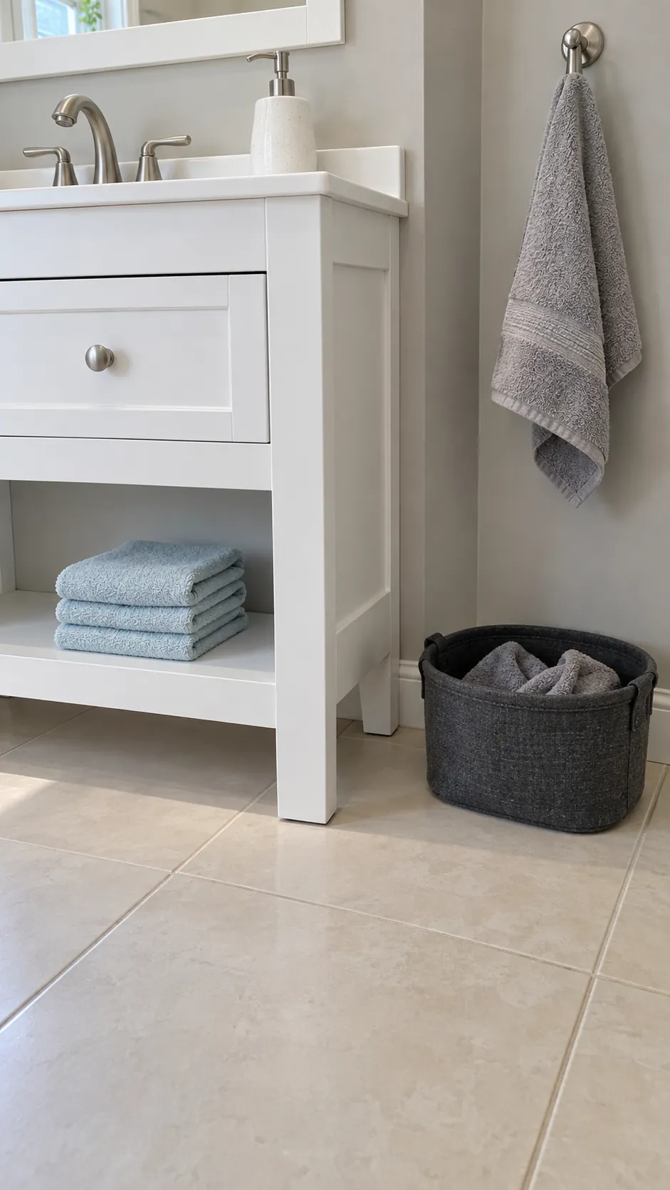 A separate used cloth basket below the vanity in a guest bathroom