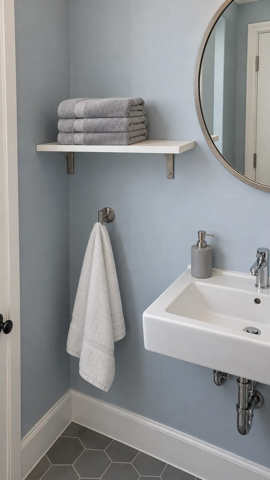 Spare towels on a dry shallow shelf in a guest bathroom
