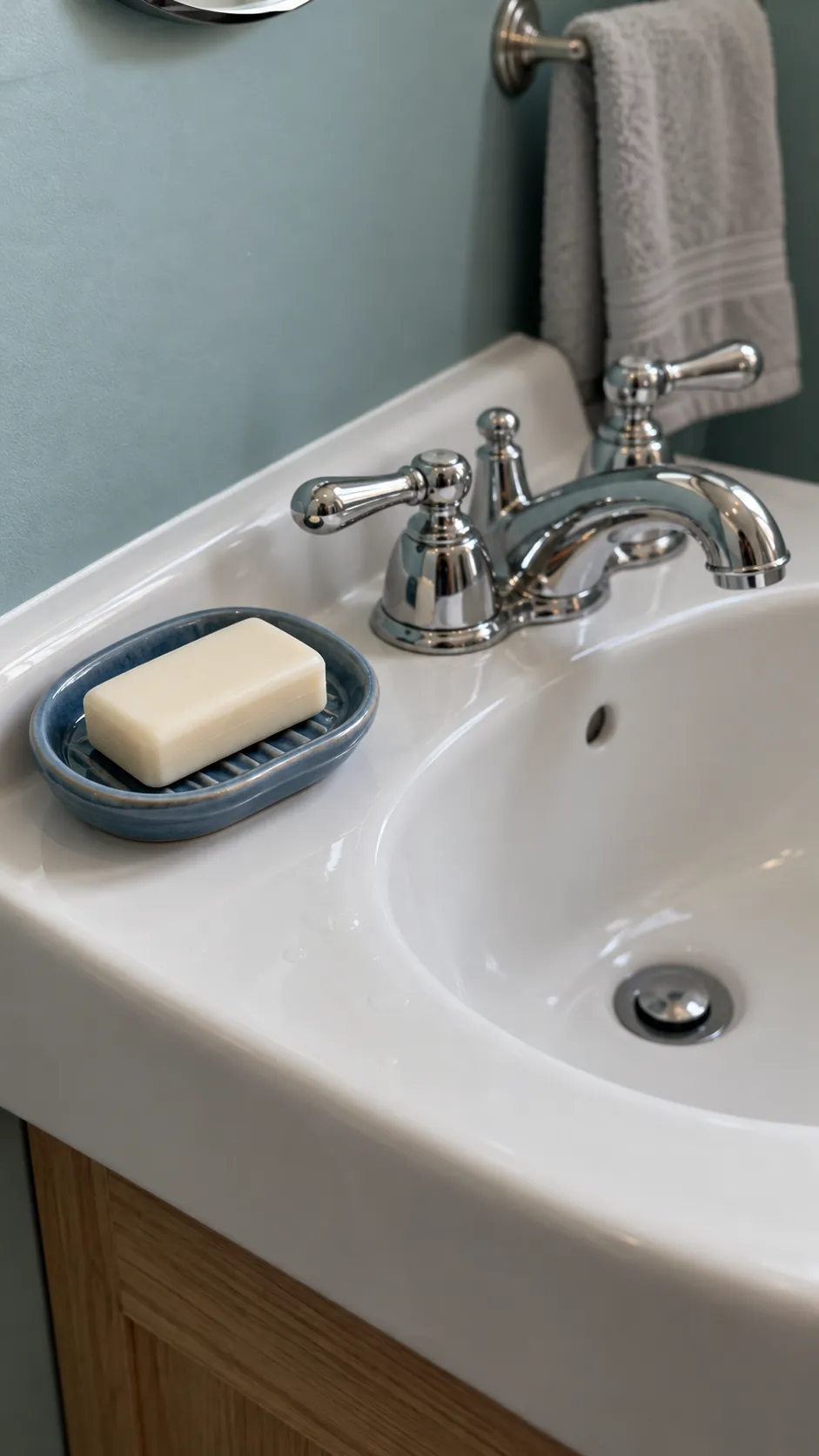 A simple soap bar on a draining dish in a guest bathroom