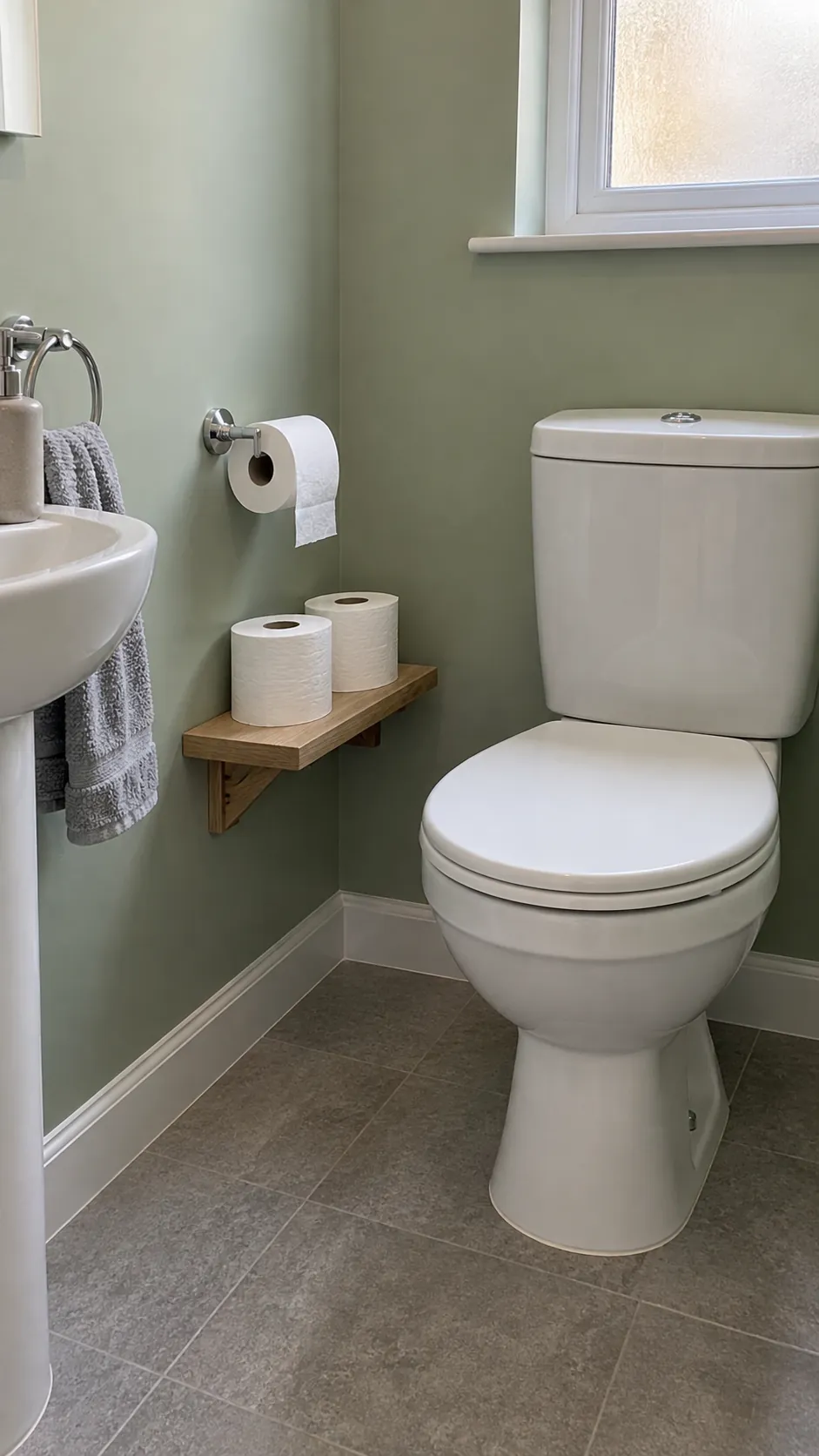 A spare toilet roll in plain sight in a guest bathroom