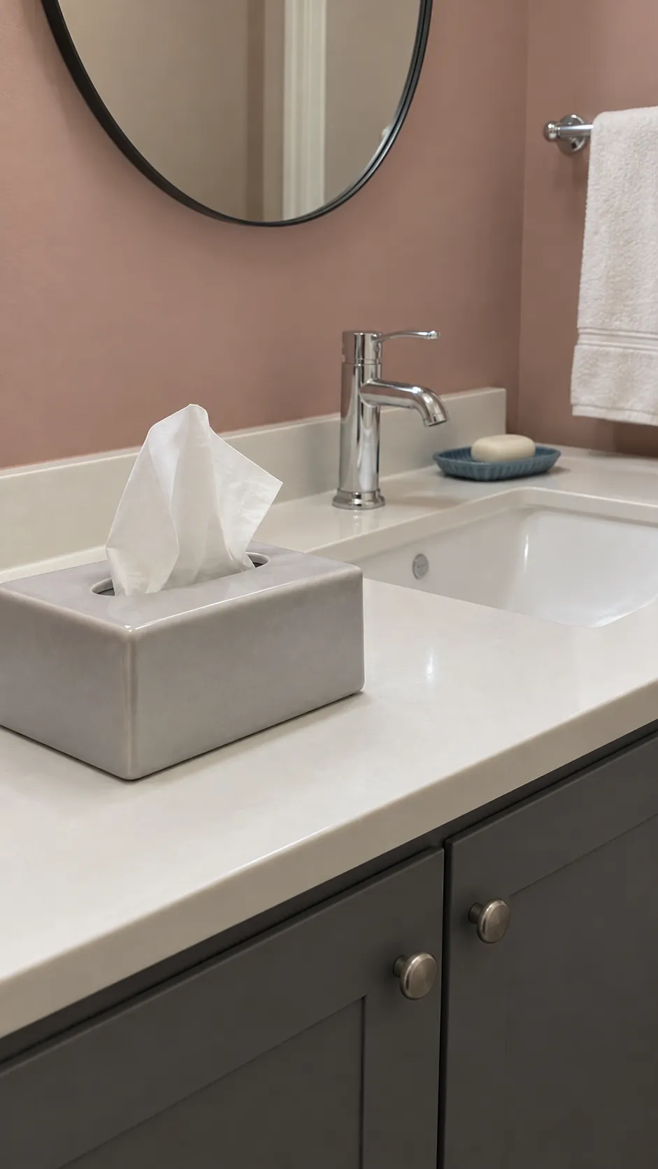 Tissues on a dry steady surface in a guest bathroom