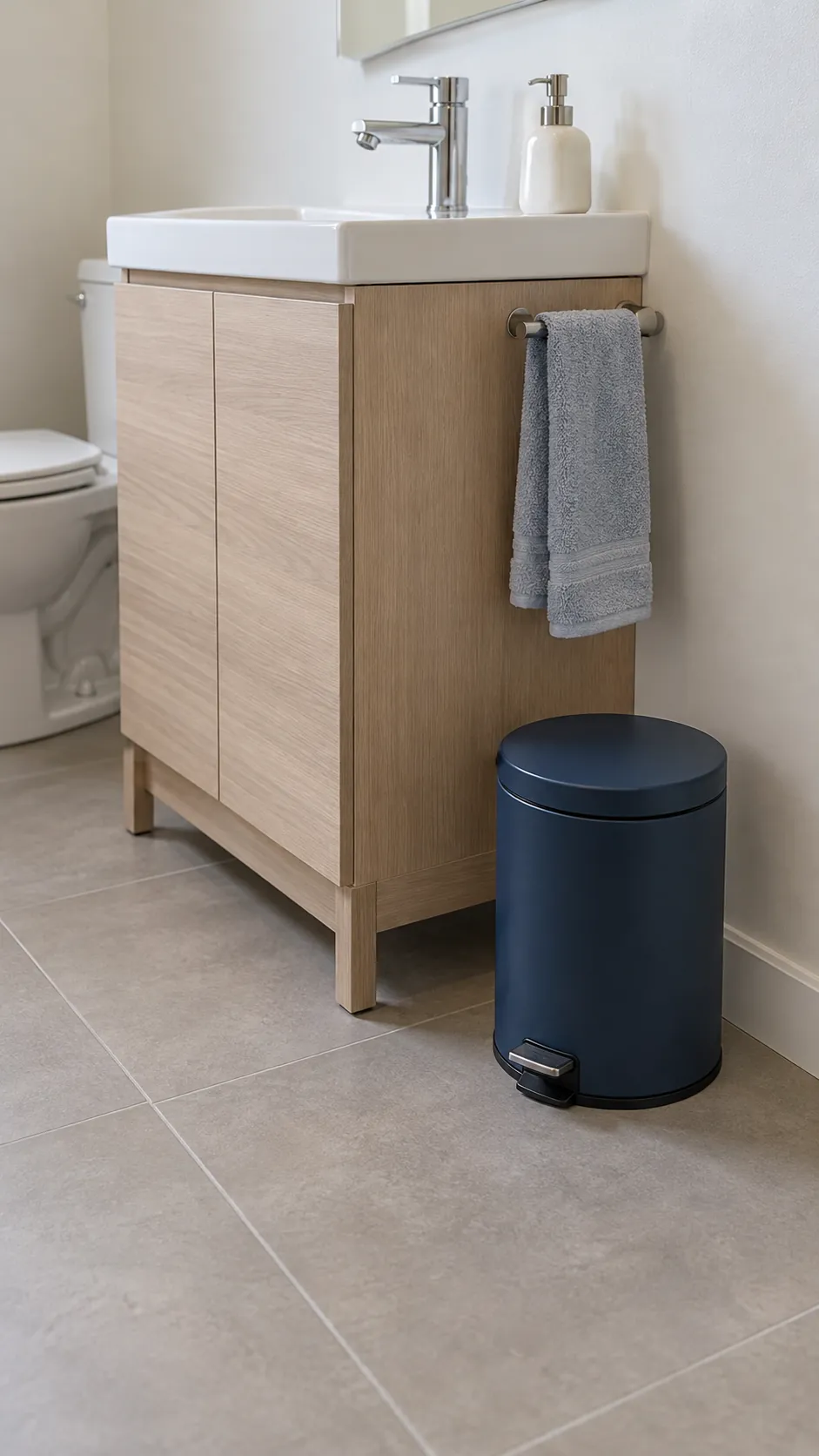 A small bin beside the vanity in a guest bathroom
