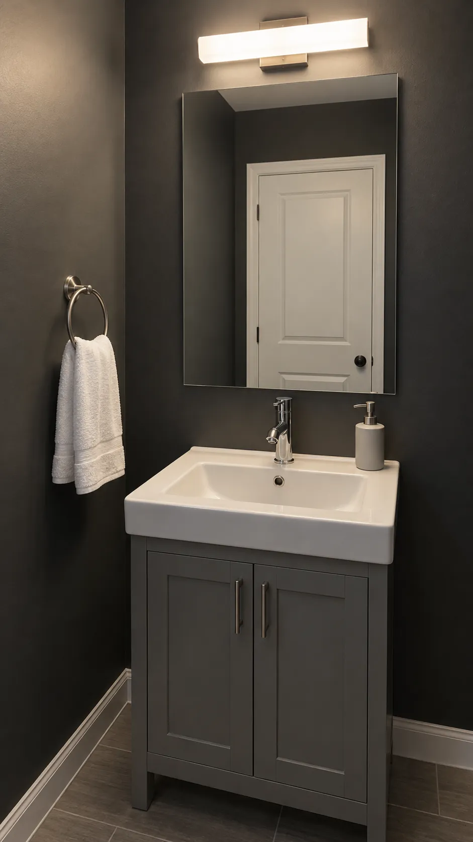 Mirror light reveals daily essentials in a guest bathroom