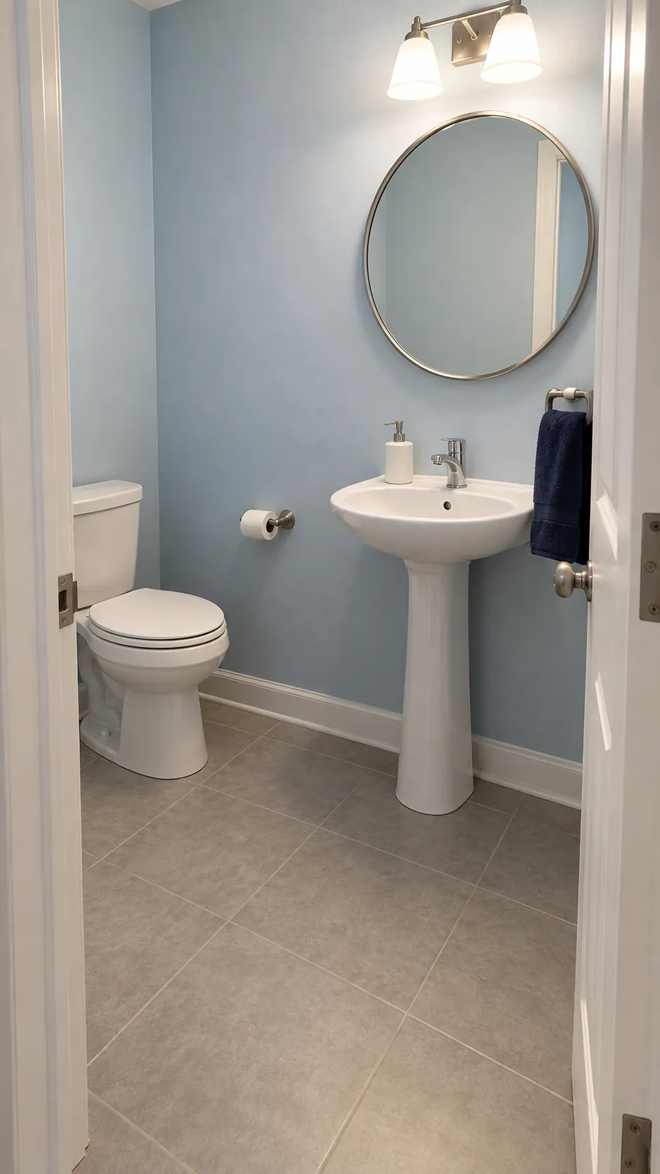 The complete room reads clearly from the door in a guest bathroom