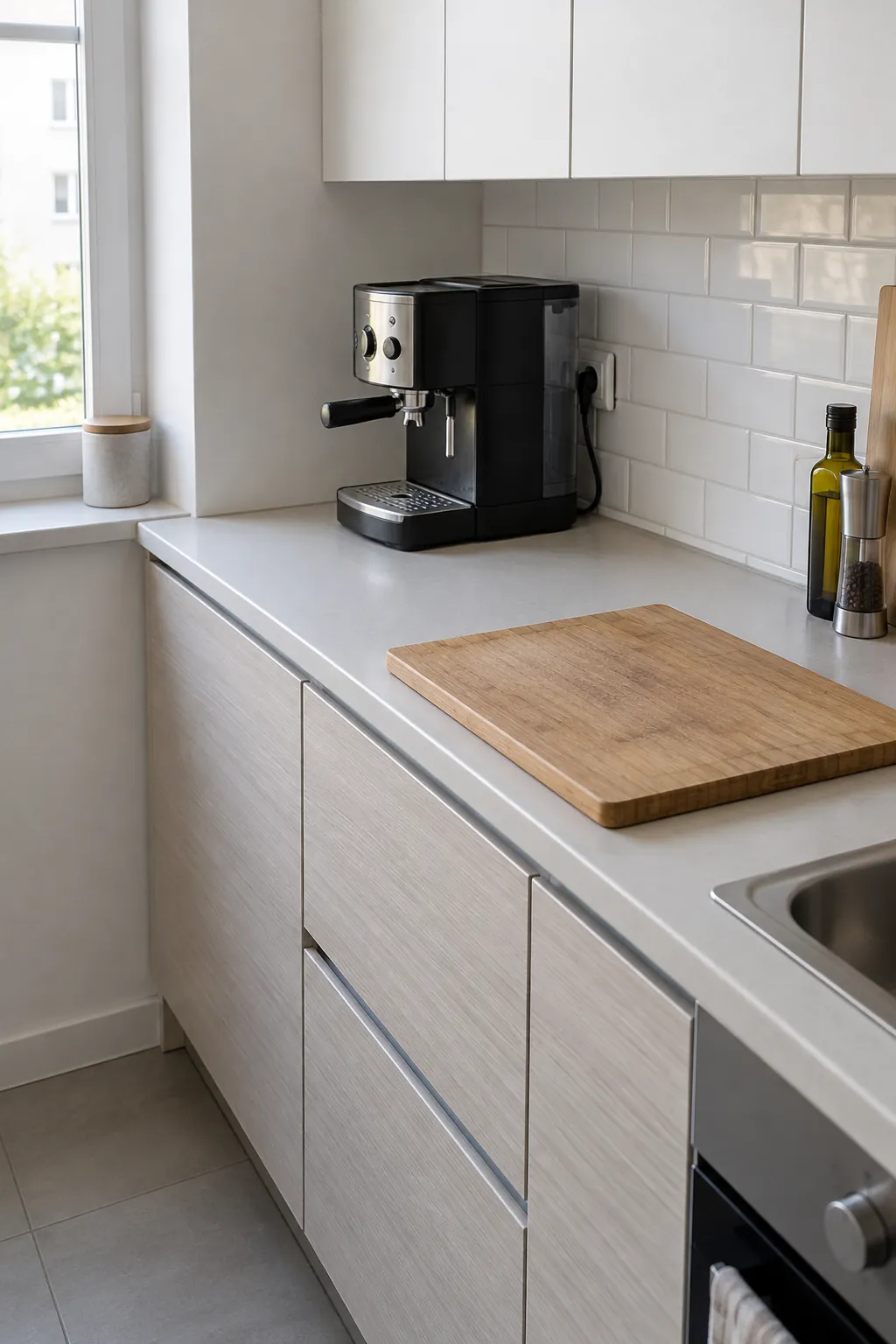 One daily coffee machine beside a deliberately clear preparation area