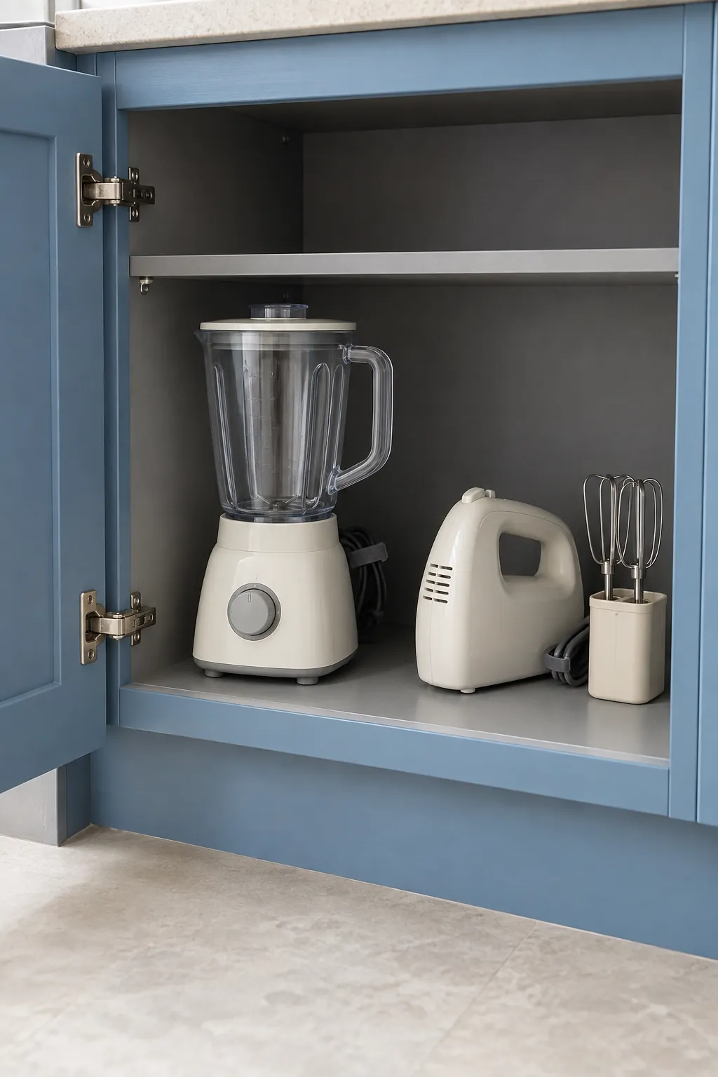 Weekly blender and hand mixer stored at the front of a reachable cabinet