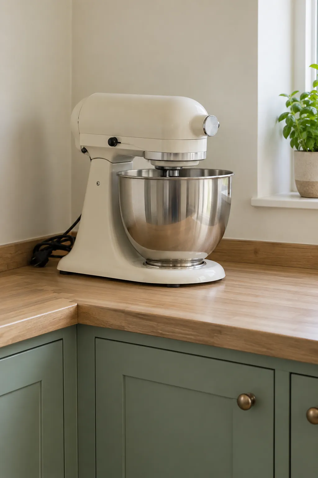 Heavy stand mixer parked on a sturdy accessible counter corner
