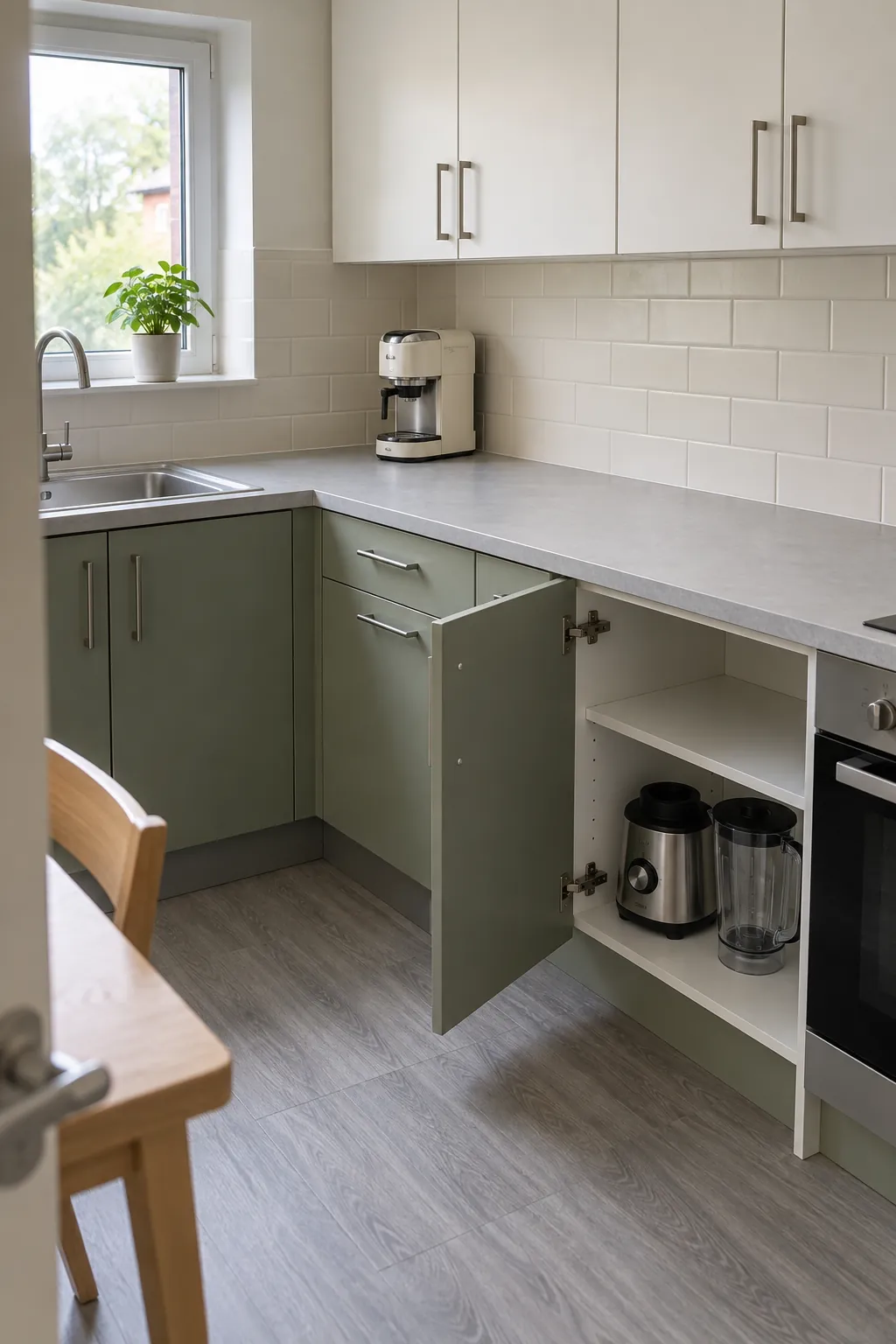 Small kitchen with accessible appliance storage and a clear preparation counter