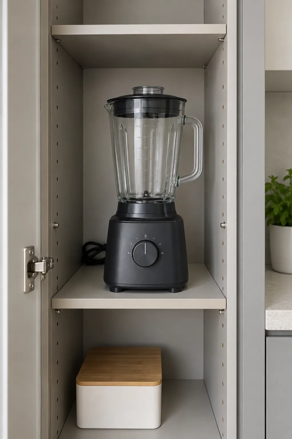 Adjustable pantry shelf fitted to a tall inactive blender