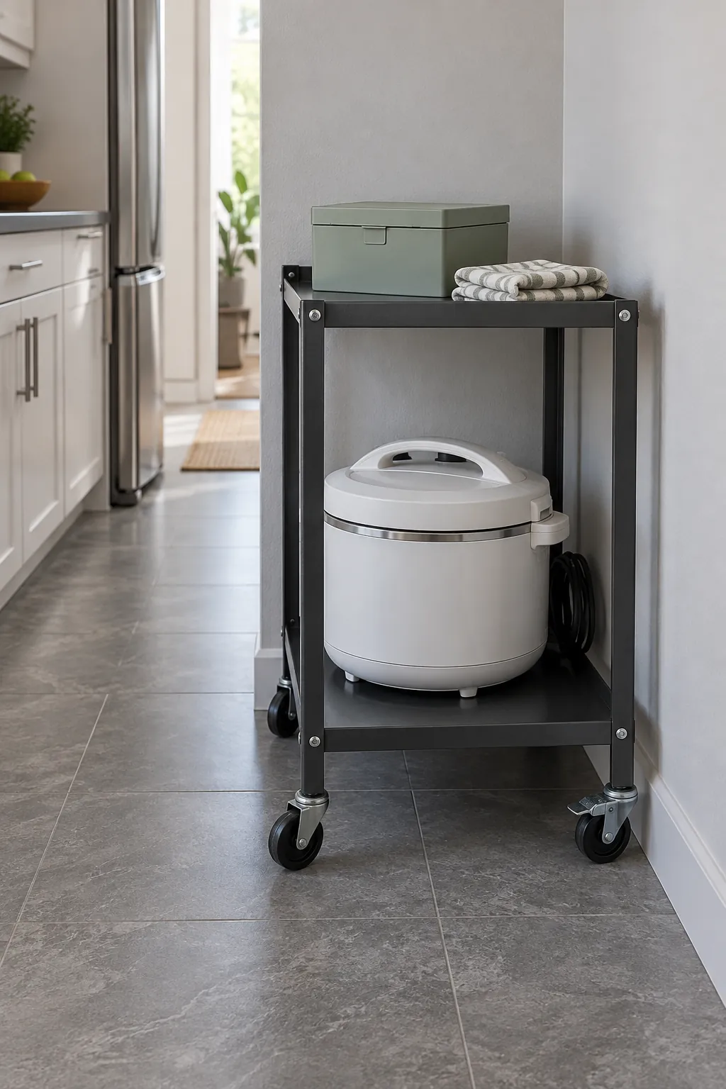 Load rated steel cart storing a cooker low and light accessories above
