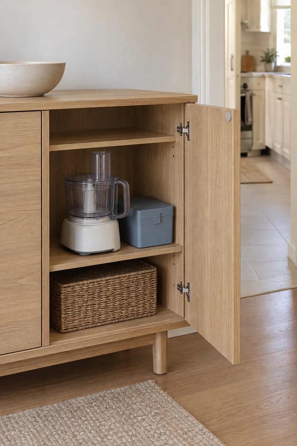 Occasional food processor stored inside a compact dining sideboard