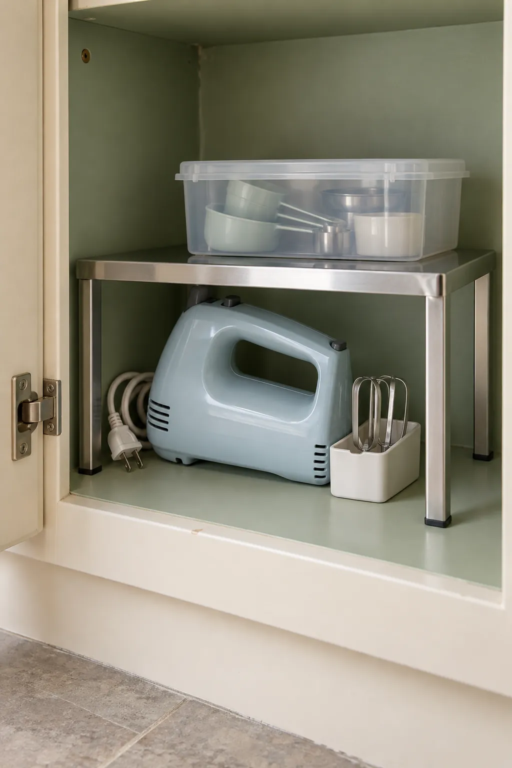 Stable rated riser using the space above a stored compact hand mixer