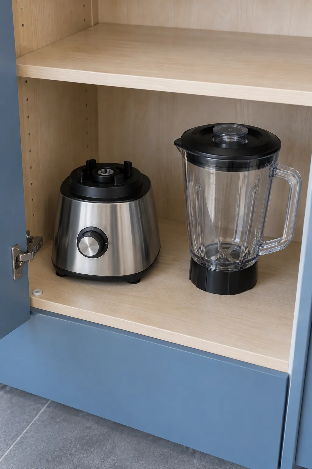 Blender base and detached dry jug stored side by side on a lower shelf