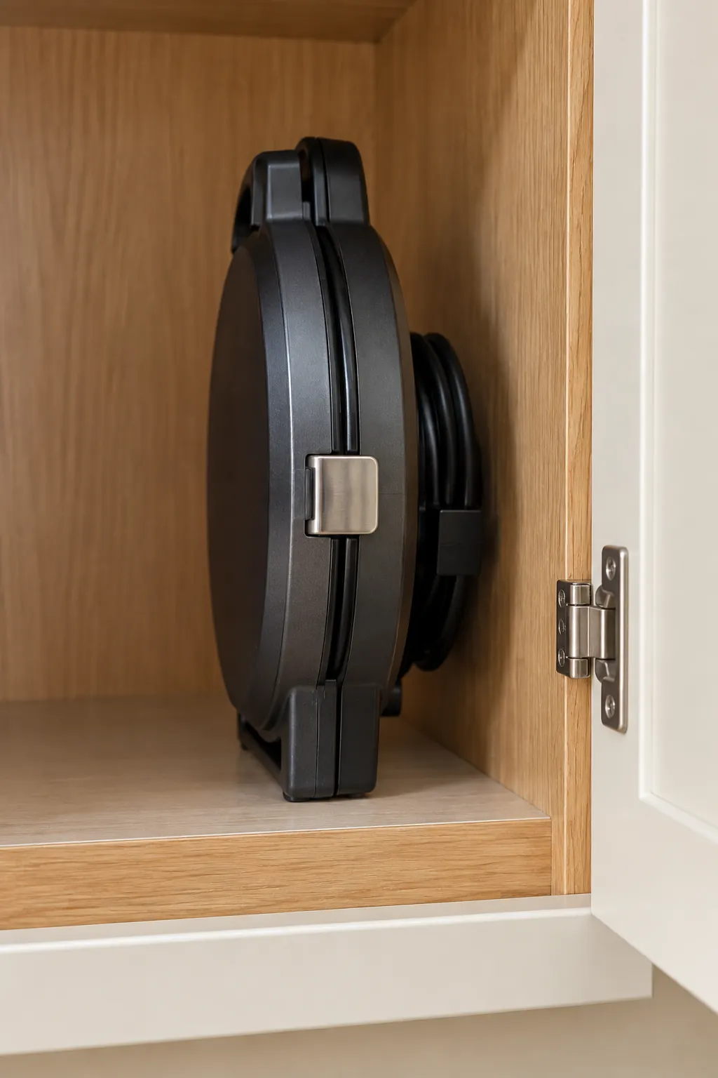 Waffle maker standing in its designed upright storage position