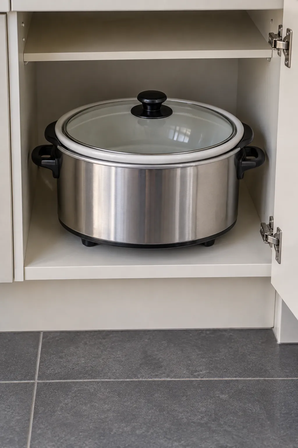 Slow cooker stored with its fitted insert and lid on a reachable low shelf
