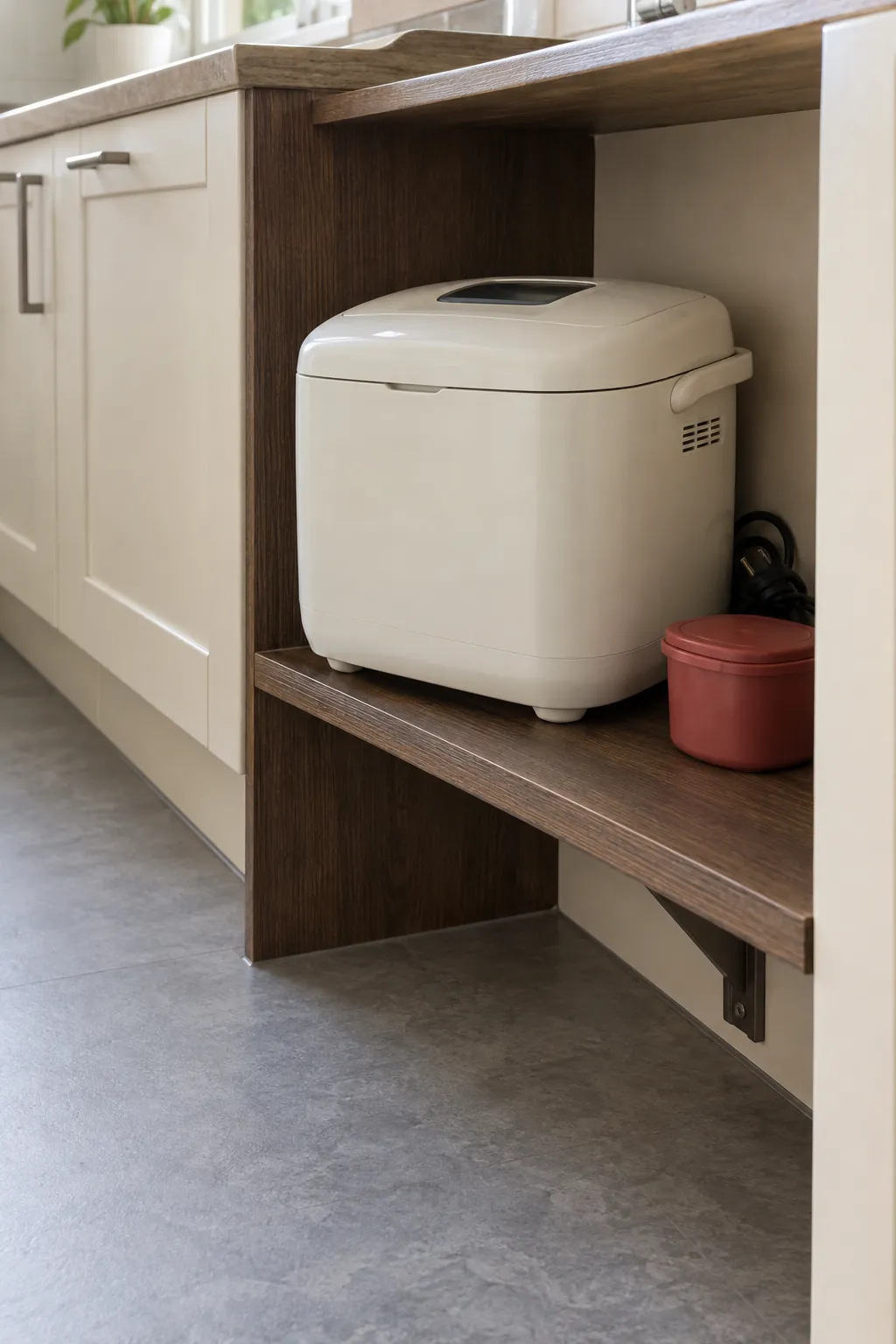 Bread maker on a sturdy low open shelf with its paddle stored nearby