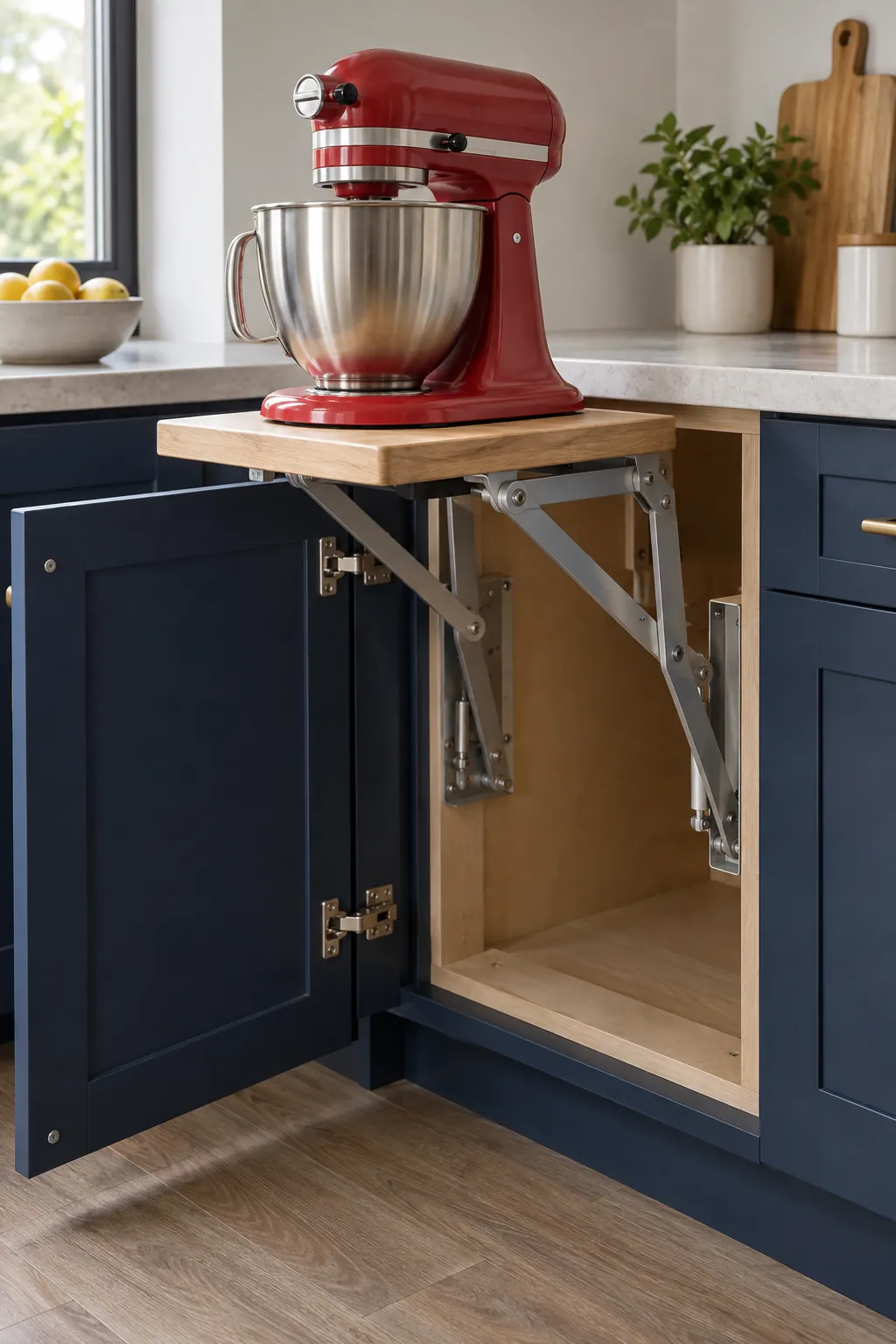 Purpose made mixer lift in its supported raised storage access position